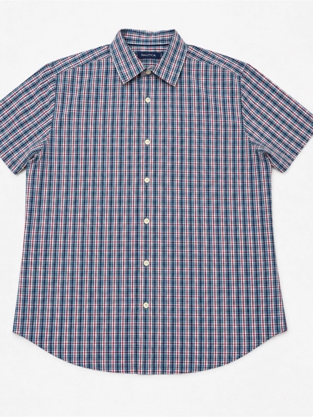 Nautica Short Sleeve Plaid Button-Down Shirt in Blue and Red
